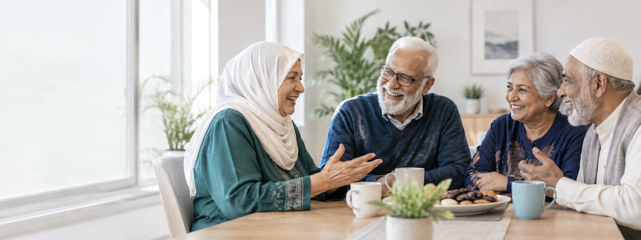 Four Muslim seniors enjoying time together around a table